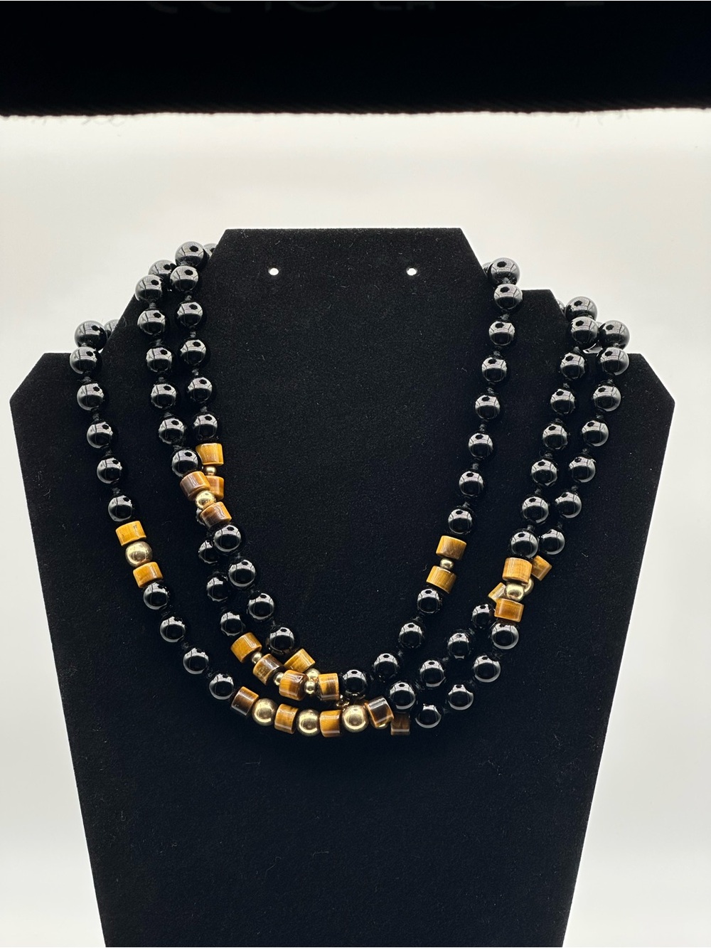 Vintage Multi Strand Black Beaded Tiger Eye Gold Tone Statement Necklace